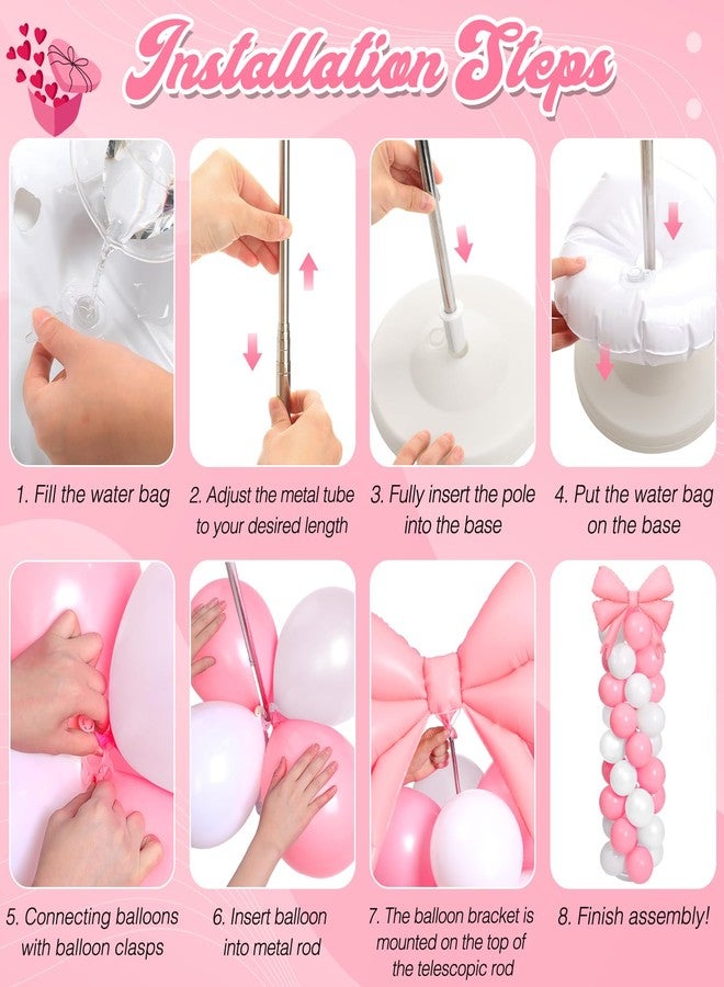 Charnoel 2 Sets Pink White Bow Balloon Column Stand Kit Includes 2 Bows & 100 Latex Balloons Adjustable Stands for Princess Birthday Wedding Coquette Baby Shower Party Decoration - Image 4